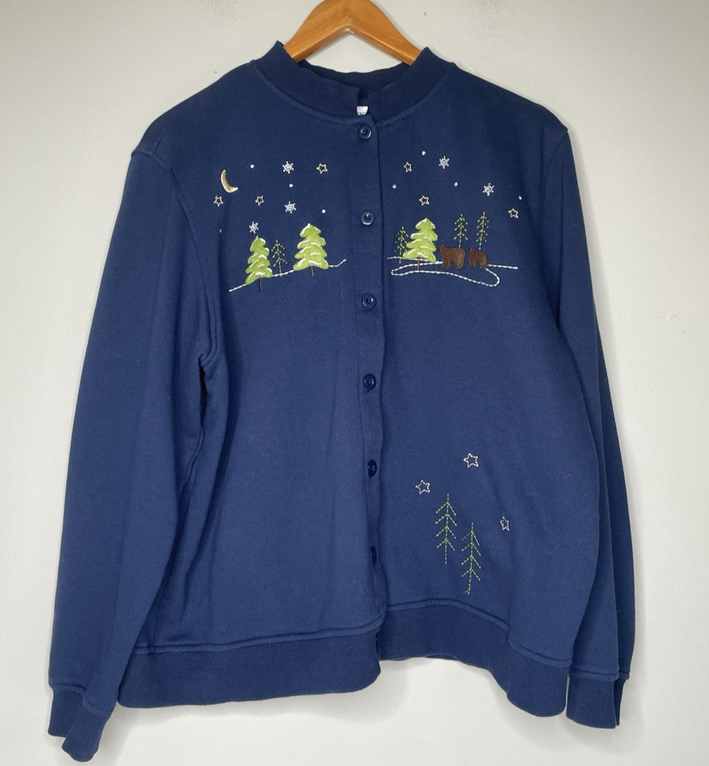Breckenridge Women’s XL Navy Winter Bears Embroidered Button Cardigan